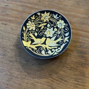 Collectible Damascene Mini Plate w 2 Gold Birds & Floral Designs